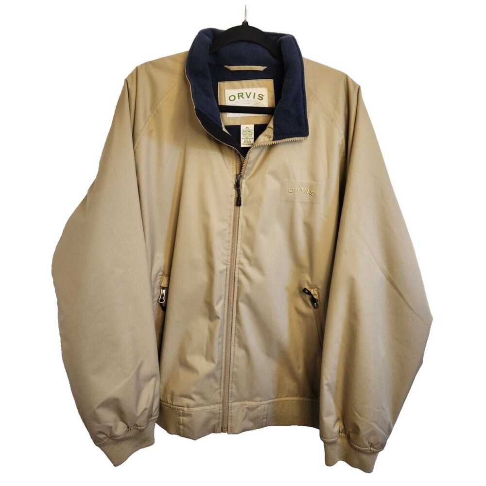 Orvis Mens Jacket Tan Bomber Blue Fleece Lined Field Coat Extra Large Full Zip